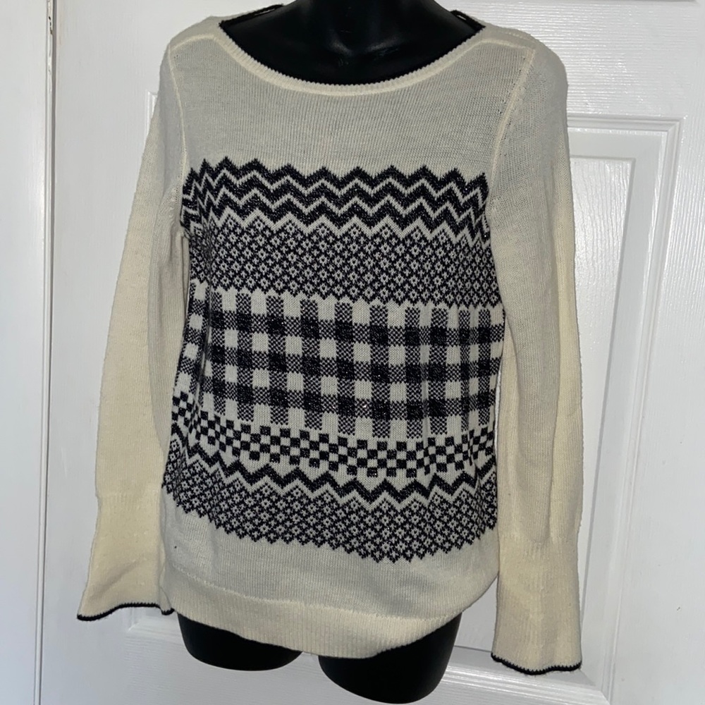 Talbots cream and black holiday sweater long sleeve